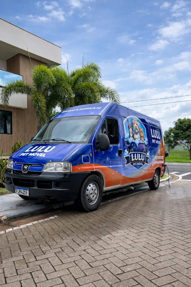 Unidade móvel da Lulupet estacionada em frente à casa do tutor